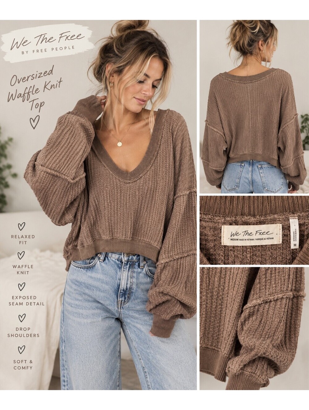 We The Free Free People Brown Waffle Knit Oversized Top